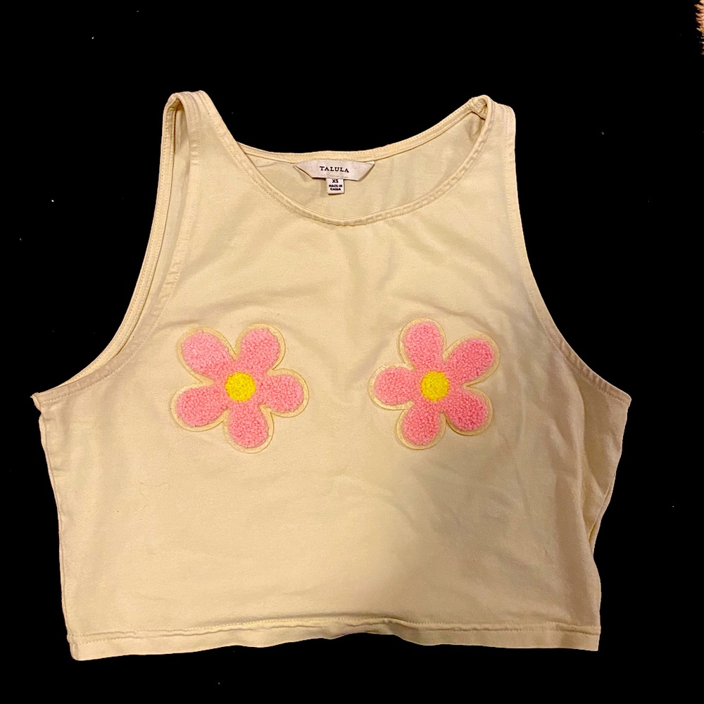 XS Cropped Homemade Pastel Yellow Tank with Pink Flowers